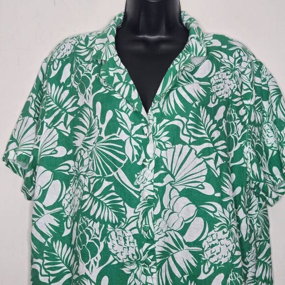 Nicole Miller 100% Linen Button-up Shirt Size Large Green White Tropical Beach V - Picture 2 of 5